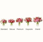 Five floral bouquets in glass vases of increasing size and fullness, labeled Standard, Deluxe, Premium, Exquisite, and Grand.